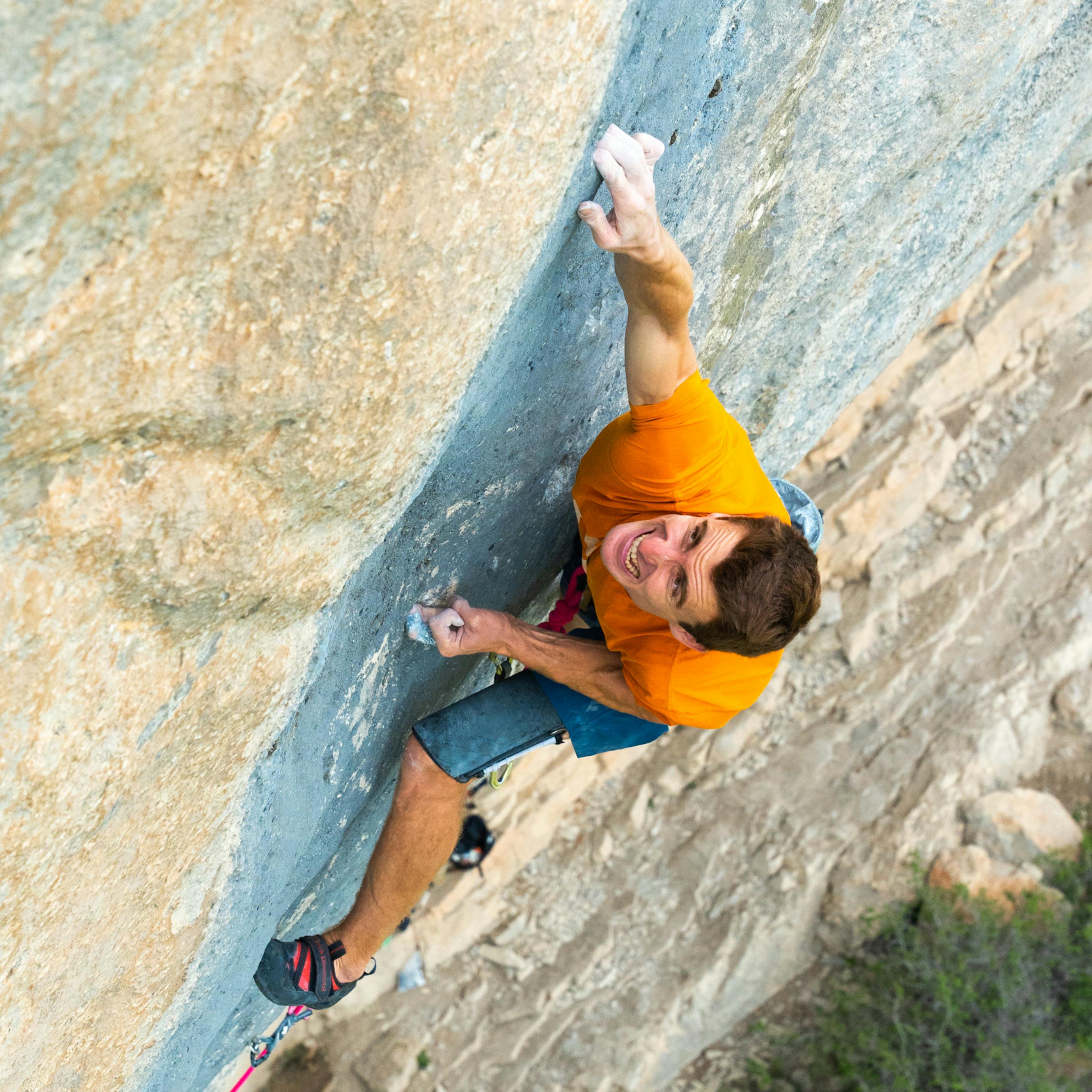 BD athlete Seb Bouin attempts the last crux on Bibliography. 