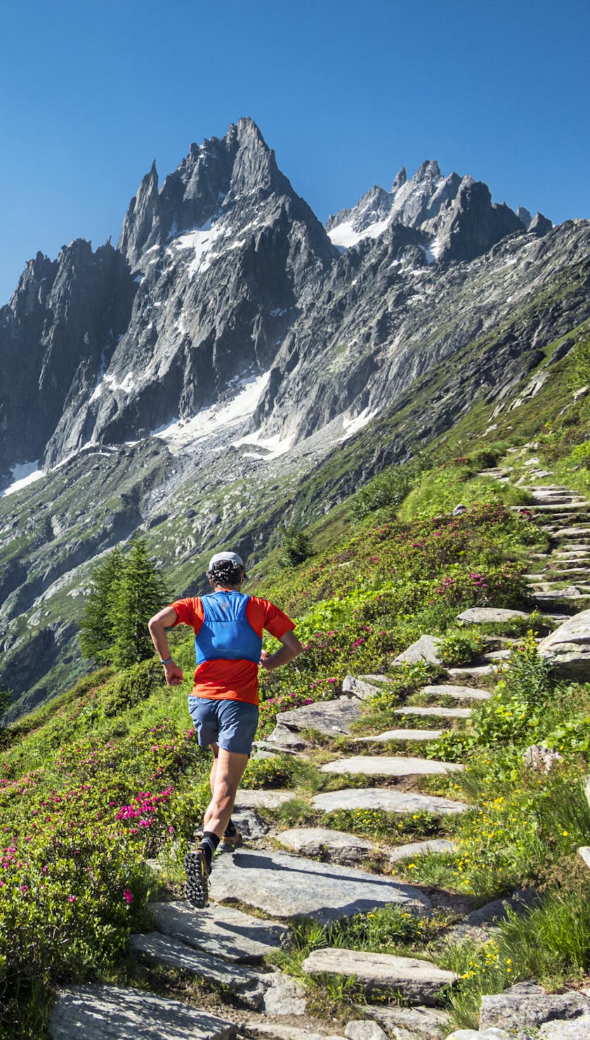 Summer Warehouse Sale. A trail runner runs a trail through the Alps. 